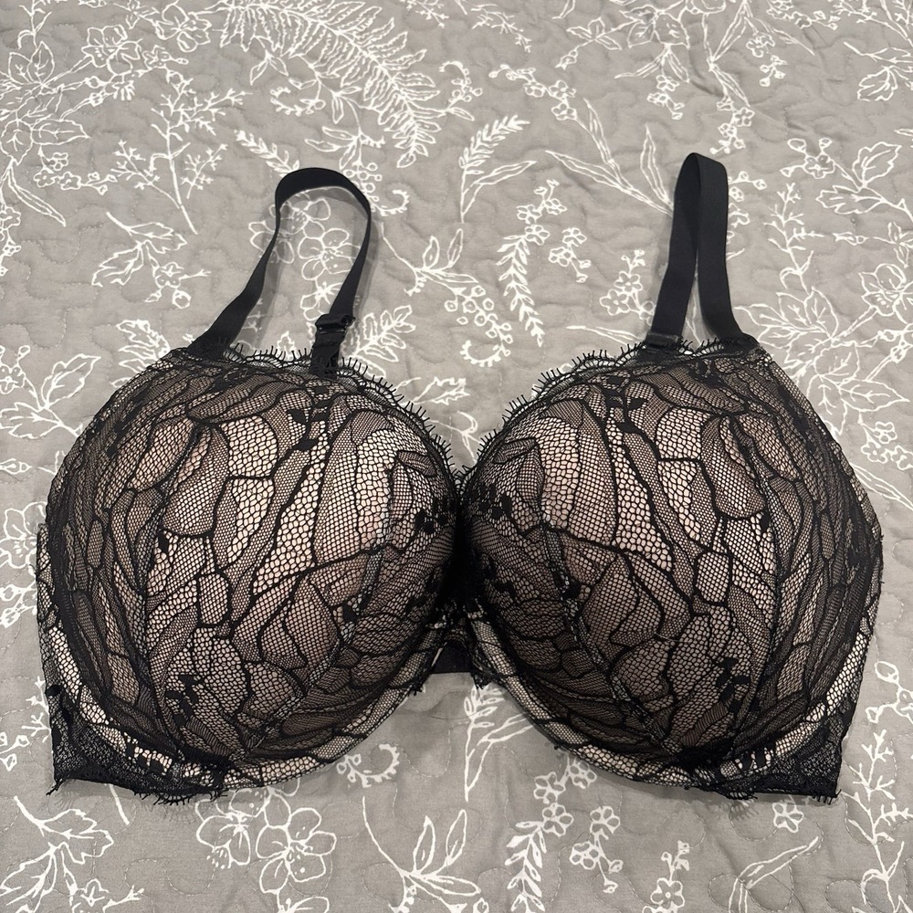 Victoria's Secret Bombshell Add-2-Cups Plunge Push Up Bra Black Tan Lace 38DD